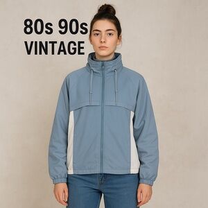 80s 90s Vintage NUAGE Powder Blue White High Neck Zip Windbreaker Jacket Large